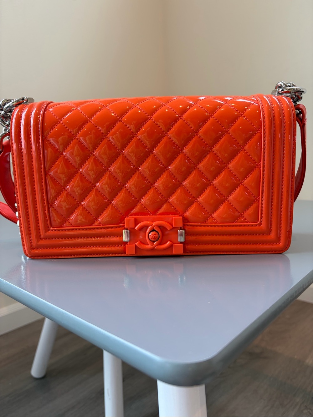CHANEL Orange Quilted Patent Leather Crossbody Boy Bag